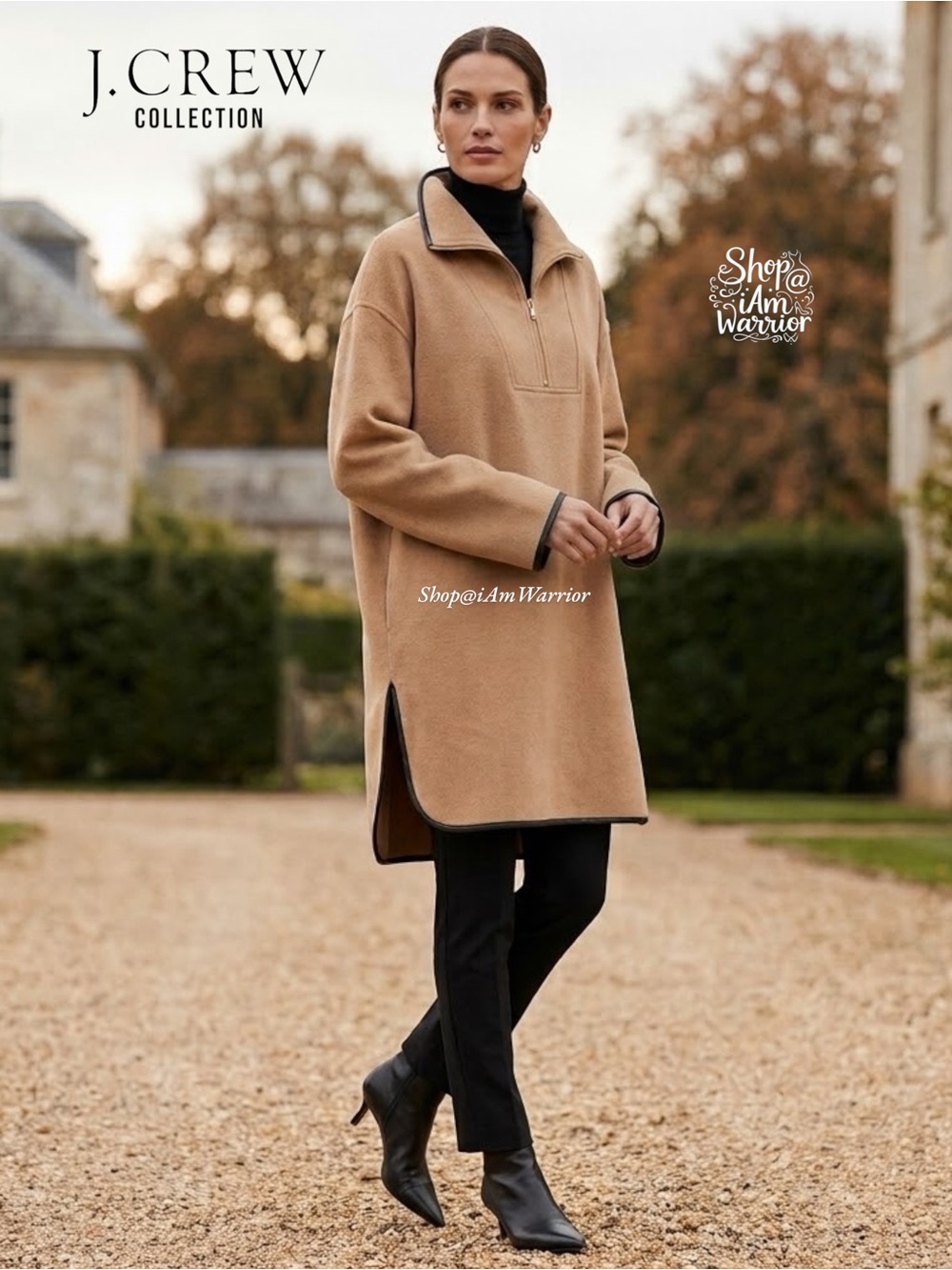 J.Crew Collection Italian Tan Cashmere Black Leather Trim Oversized Poncho Coat